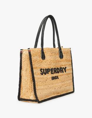 Superdry - Edle Tragetasche aus Bast in Natur/Schwarz-Braun