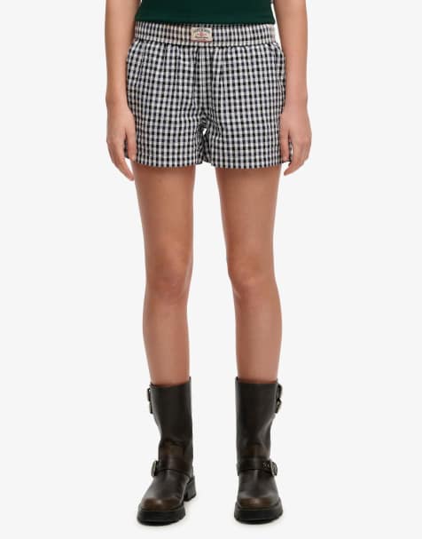 Superdry – Elastische, gestreifte Baumwoll-Shorts in Marineblau mit Vichy-Karos - view 1
