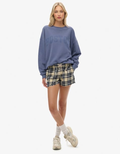 Superdry – Elastische Hose aus Baumwolle in Cremeweiß/Marineblau kariert - view 1