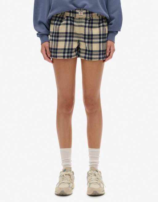 Superdry – Elastische Hose aus Baumwolle in Cremeweiß/Marineblau kariert, 3 von 5