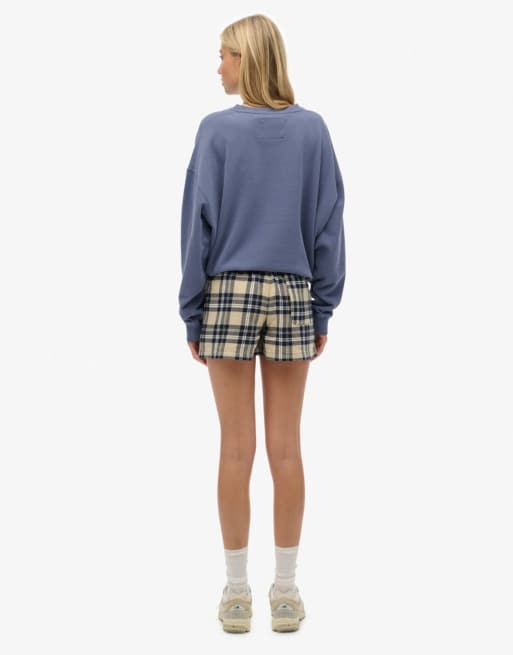 Superdry – Elastische Hose aus Baumwolle in Cremeweiß/Marineblau kariert, 5 von 5