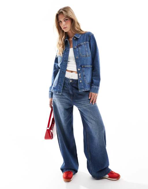 Superdry Embroidered denim chore jacket in fulton vintage blue