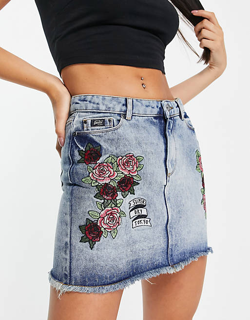 Superdry embroidered micro mini denim skirt in blue