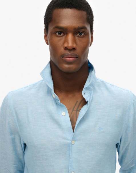 Superdry Embroidered vacation linen shirt in sea blue chambray