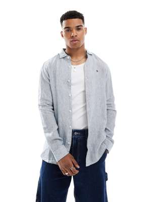 Superdry Embroidered vacation linen shirt in ticking stripe navy