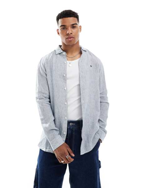 Superdry Embroidered vacation linen shirt in ticking stripe navy