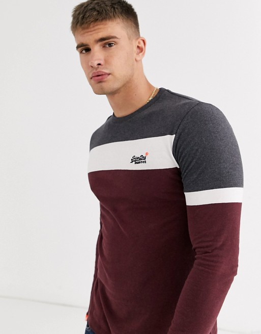 Superdry Engineered colour block long sleeve t-shirt in burgundy
