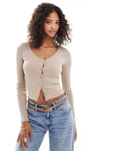 Superdry Essential button long sleeve top in cobblestone grey