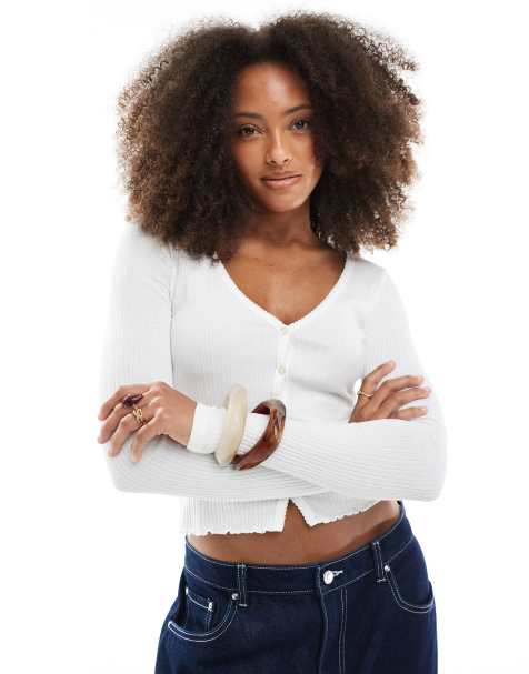 Superdry Essential button long sleeve top in off white - view 1