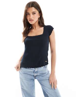 Superdry - Essential - Kurzärmliges T-Shirt in Eclipse-Marineblau mit quadratischem Ausschnitt