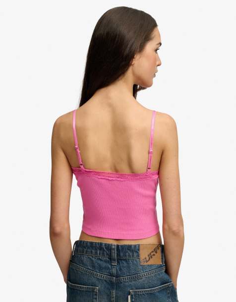 Superdry Essential lace trim cropped cami top in flash pink