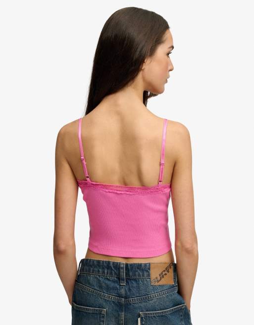 Superdry Essential lace trim cropped cami top in flash pink, 2 of 5