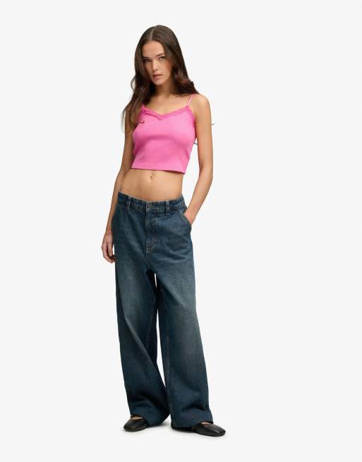 Superdry Essential lace trim cropped cami top in flash pink, 3 of 5