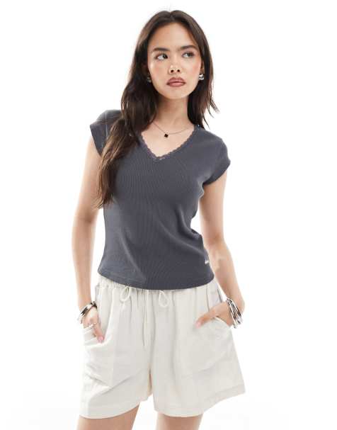 Superdry Essential lace trim top in dark slate grey - view 1