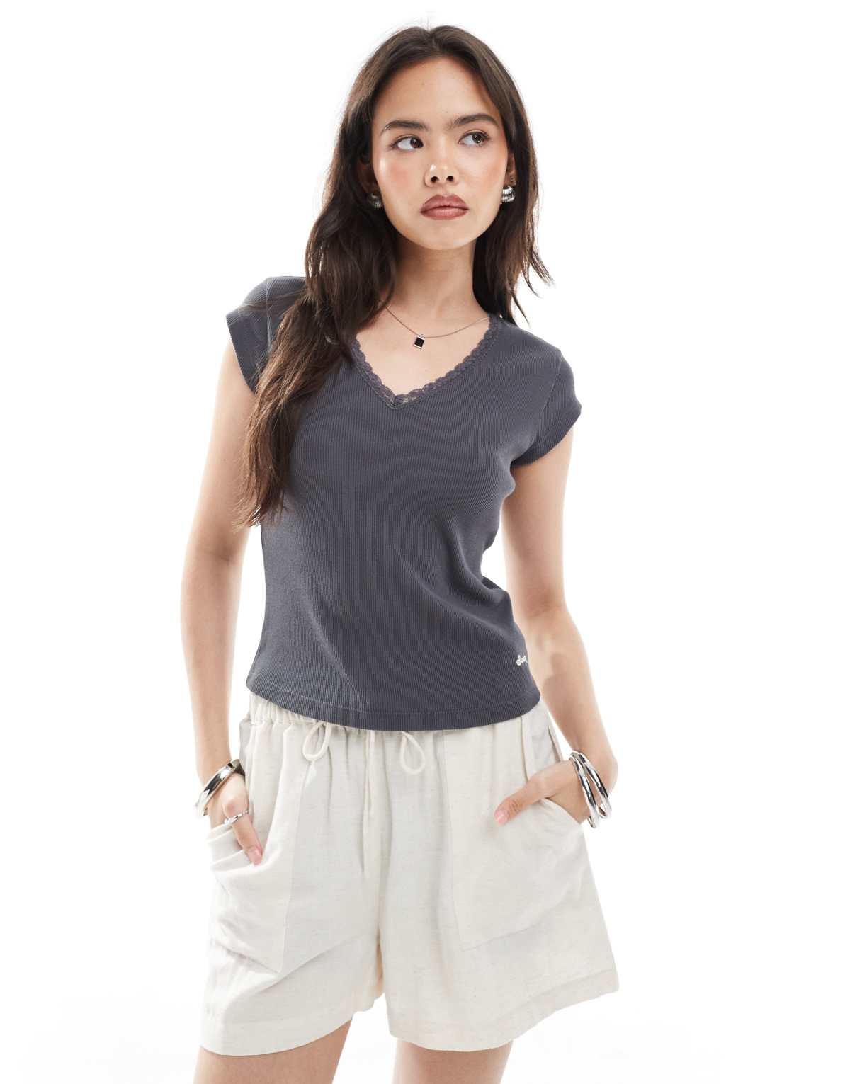 Superdry Essential lace trim top in dark slate grey