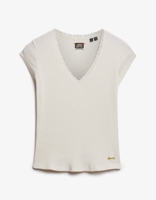 Superdry Essential lace trim top in off white - view 1