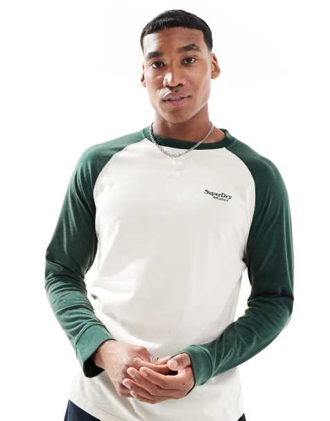 Superdry Essential logo baseball long sleeve top in oatmeal/enamel green