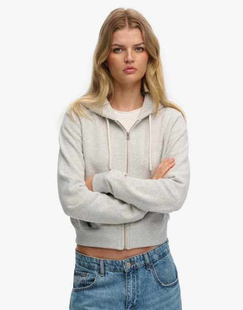 Superdry Essential logo cropped zip hoodie in glacier grey marl - view 1