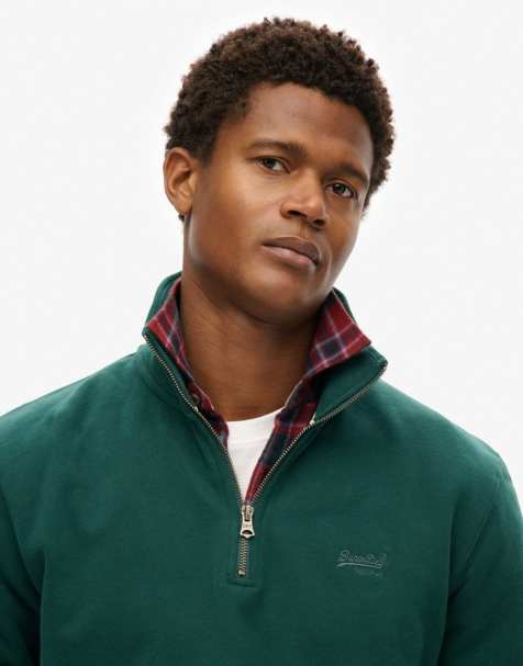 Superdry Essential logo half zip sweatshirt in dark pine green - view 1
