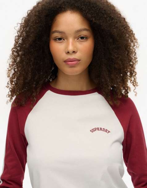 Superdry Essential logo retro long sleeve top in optic/bordeaux red - view 1