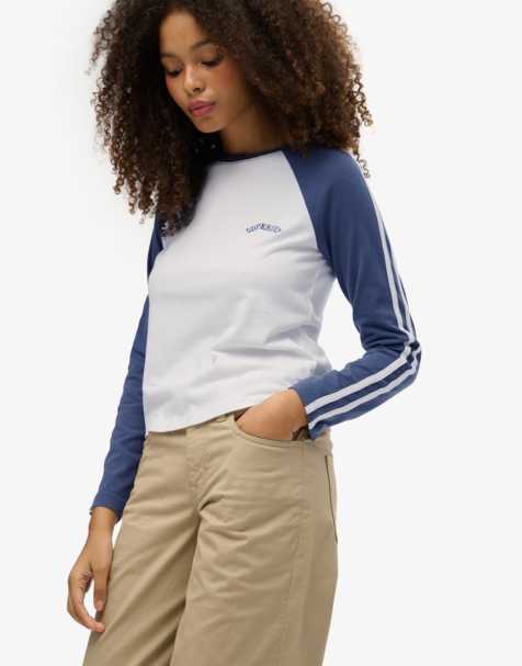 Superdry Essential logo retro long sleeve top in optic/mariner navy - view 1