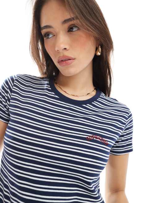Superdry Essential logo striped fitted t-shirt in richest navy stripe, 3 of 4