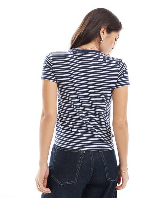 Superdry Essential logo striped fitted t-shirt in richest navy stripe, 4 of 4