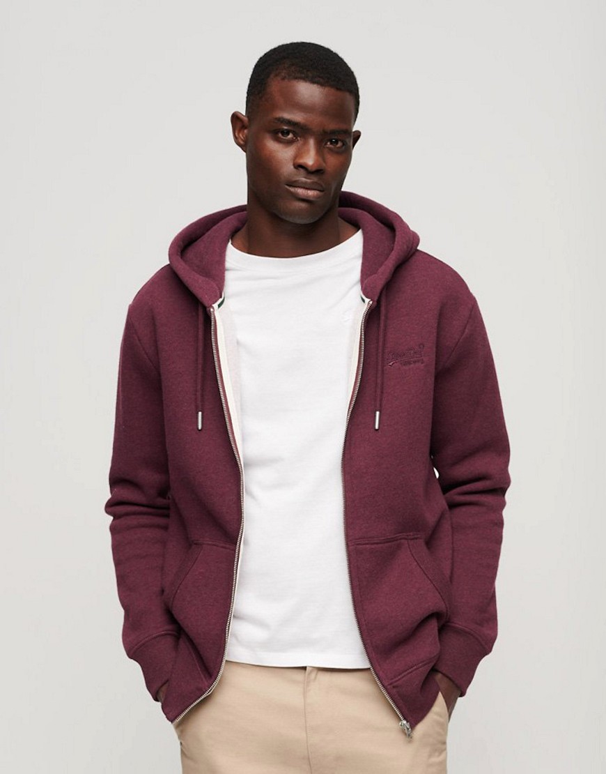 Superdry Essential logo zip hoodie in track burgundy marl-Red