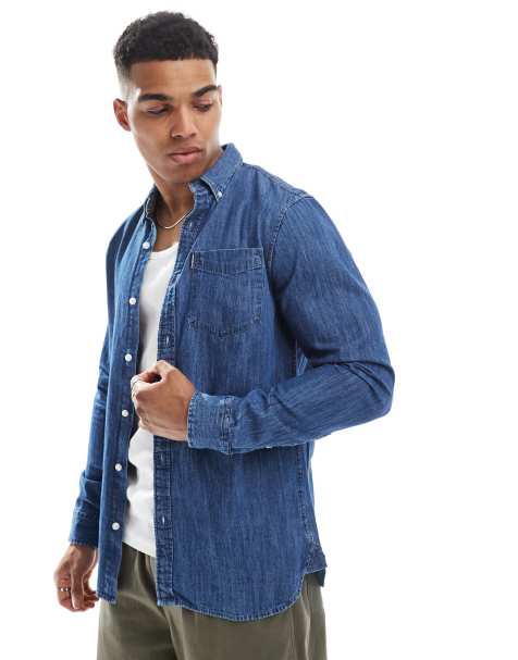 Superdry Essential long sleeve denim shirt in worn wash - view 1
