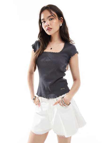 Superdry Essential square neck short sleeve t-shirt in charcoal - view 1