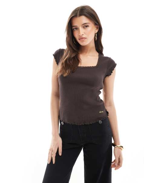 Superdry Essential square neck short sleeve t-shirt in dark brown - view 1