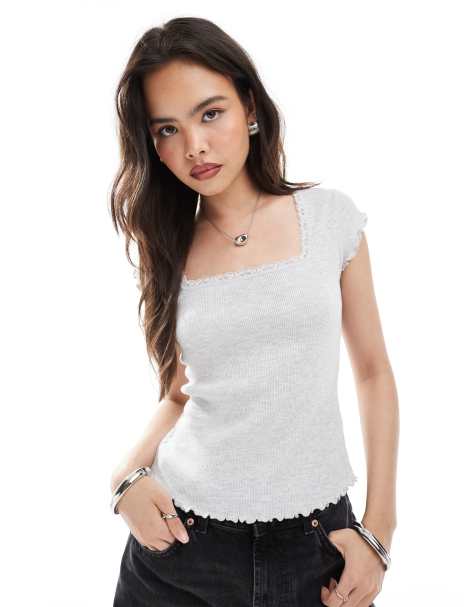 Superdry Essential square neck short sleeve t-shirt in glacier grey marl