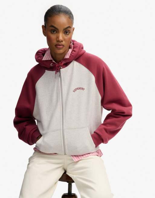 Superdry - Essential - Sweat à capuche zippé à logo et manches raglan - Blanc vintage et rouge bordeaux