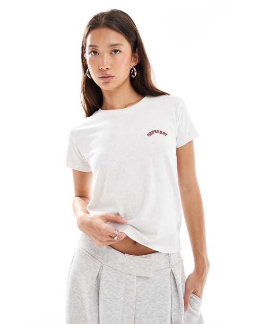 Superdry - Essential - T-shirt ajusté à logo - Blanc vintage chiné