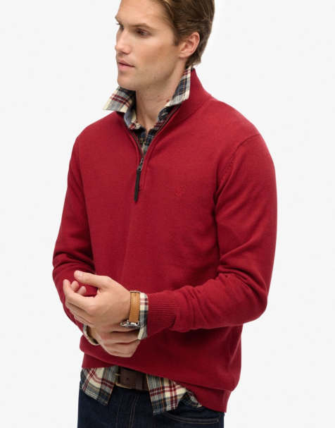 Superdry Essentials cotton half zip jumper in carmine red marl - view 1