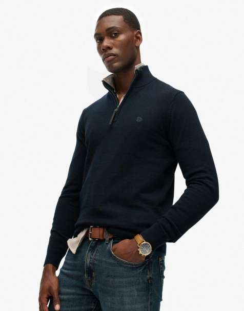Superdry Essentials cotton half zip jumper in eclipse navy marl - view 1