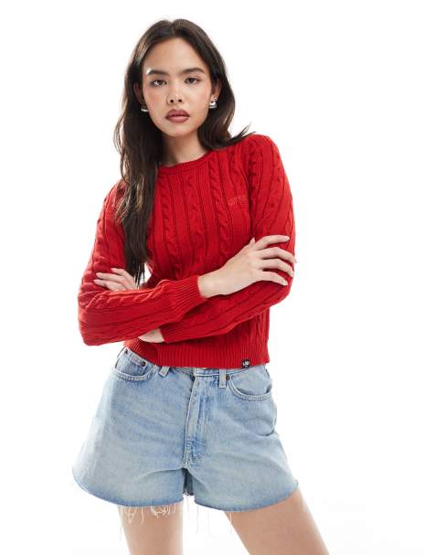 Superdry Essentials slim cable jumper in varsity red