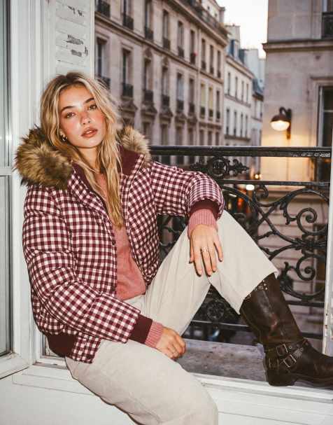 Superdry Everest bomber à capuche à carreaux en vichy mûre/crème - view 1