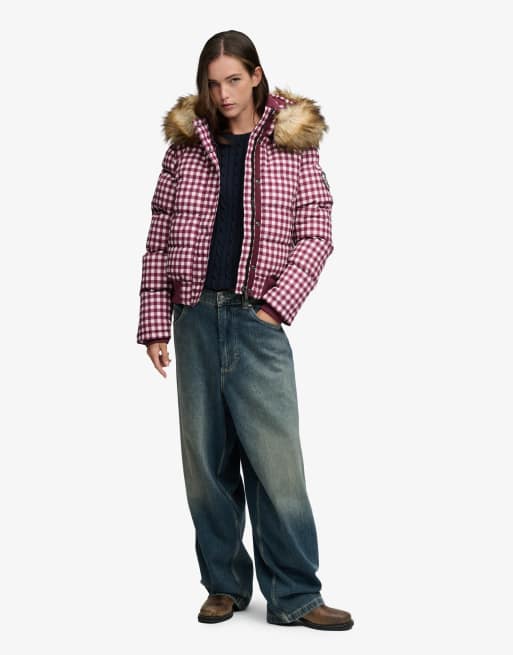 Superdry Everest bomber à capuche à carreaux en vichy mûre/crème, 3 de 7