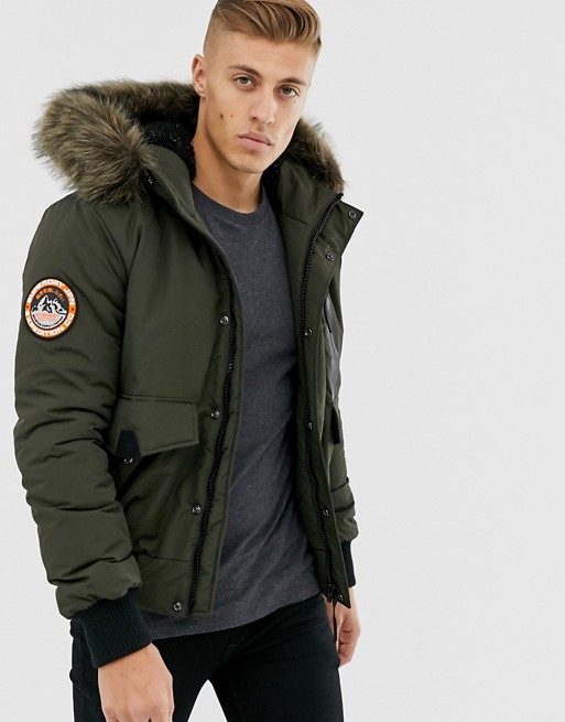 Superdry Everest bomber jacket with faux fur hood in khaki