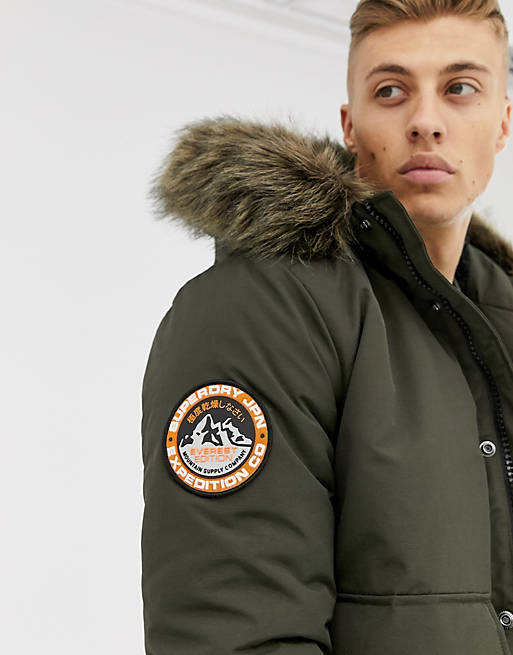 Superdry Everest bomber jacket with faux fur hood in khaki
