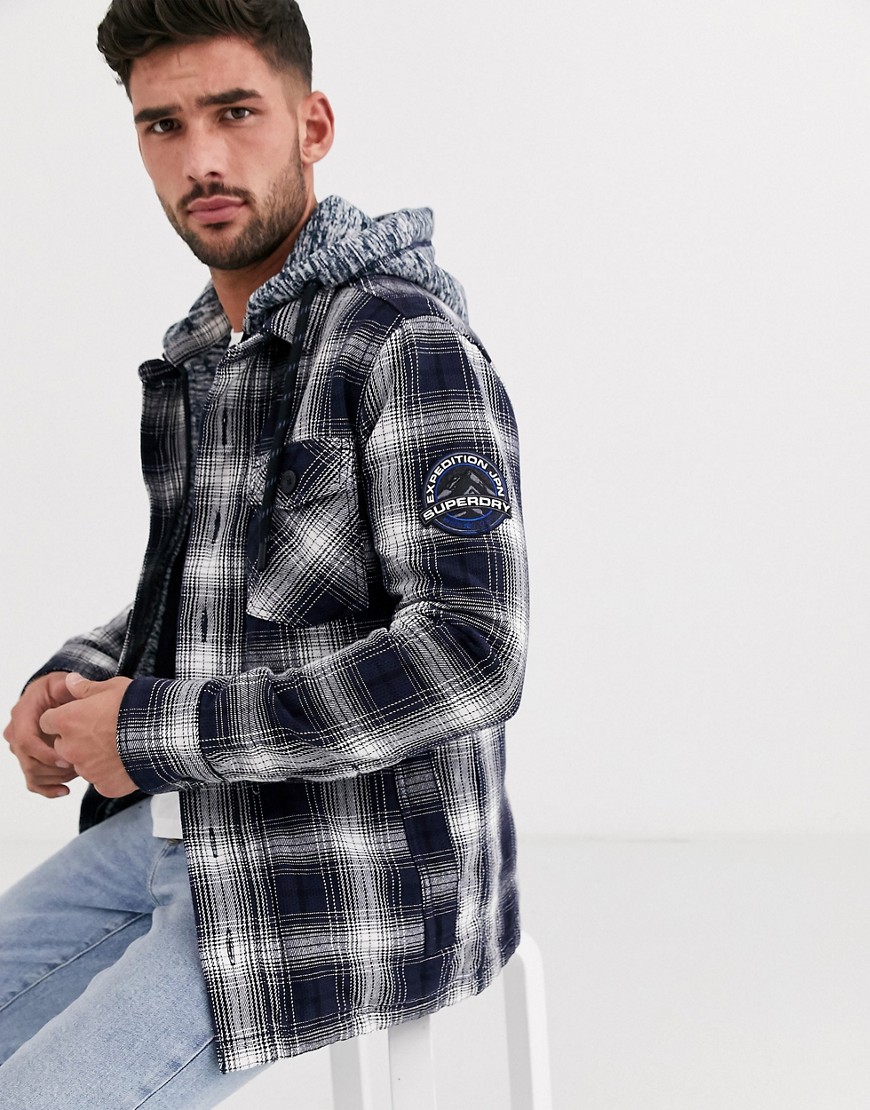 Superdry Everest checked hooded shirt in navy