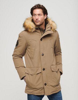 Superdry Everest faux fur hooded parka coat in sandstone brown