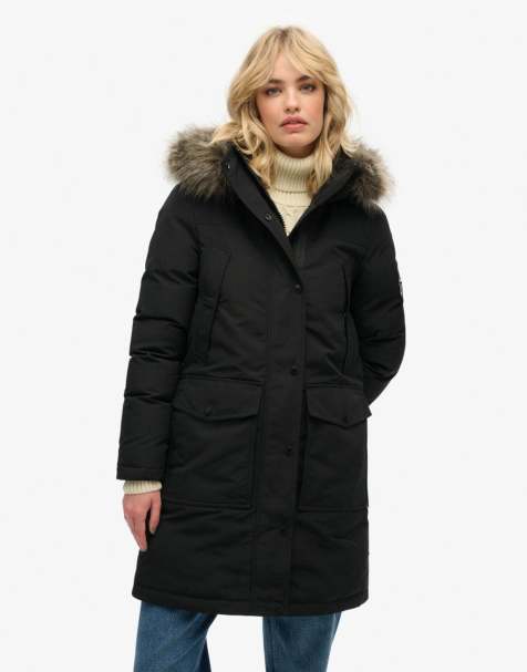 Superdry Everest faux fur parka coat in black - view 1