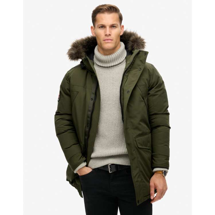 Superdry Everest faux fur parka jacket in army khaki green ASOS