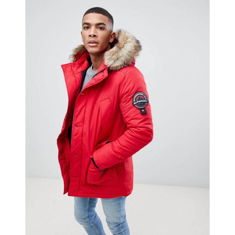 Superdry Everest hooded parka jacket with faux fur trim in red