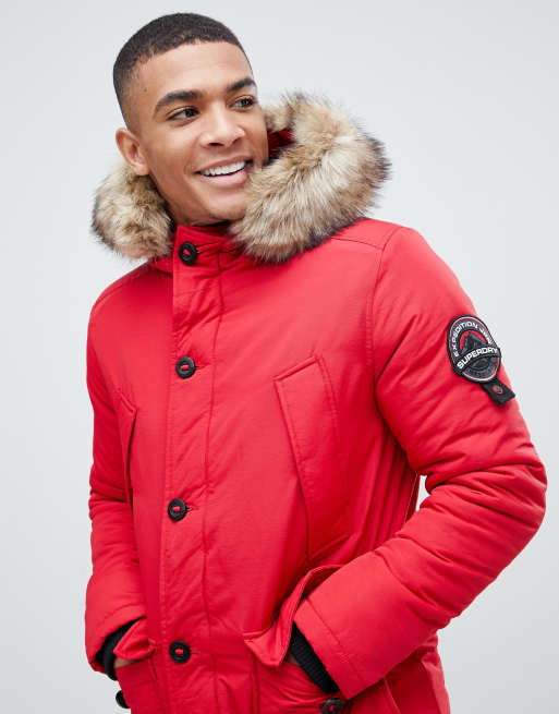 Mens red coat with fur hood online