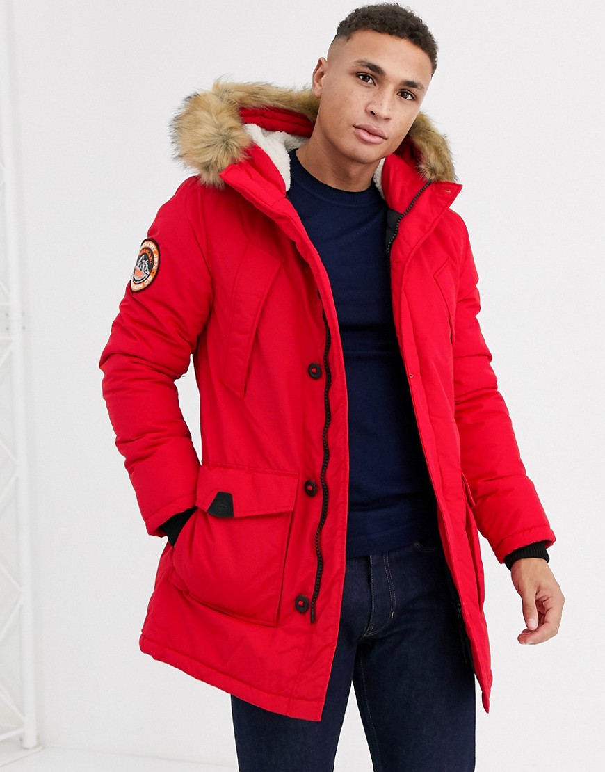 Superdry Everest hooded parka jacket with faux fur trim in red