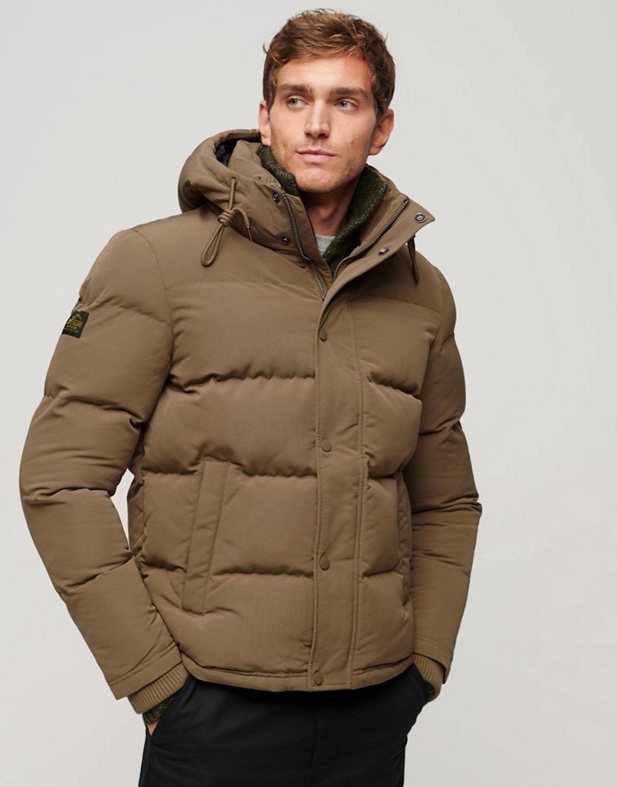 Superdry Everest hooded puffer jacket in sandstone brown