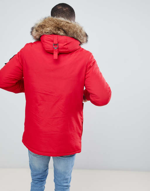Superdry - Everest - Parka rosso con cappuccio e finiture in pelliccia sintetica, 2 di 4